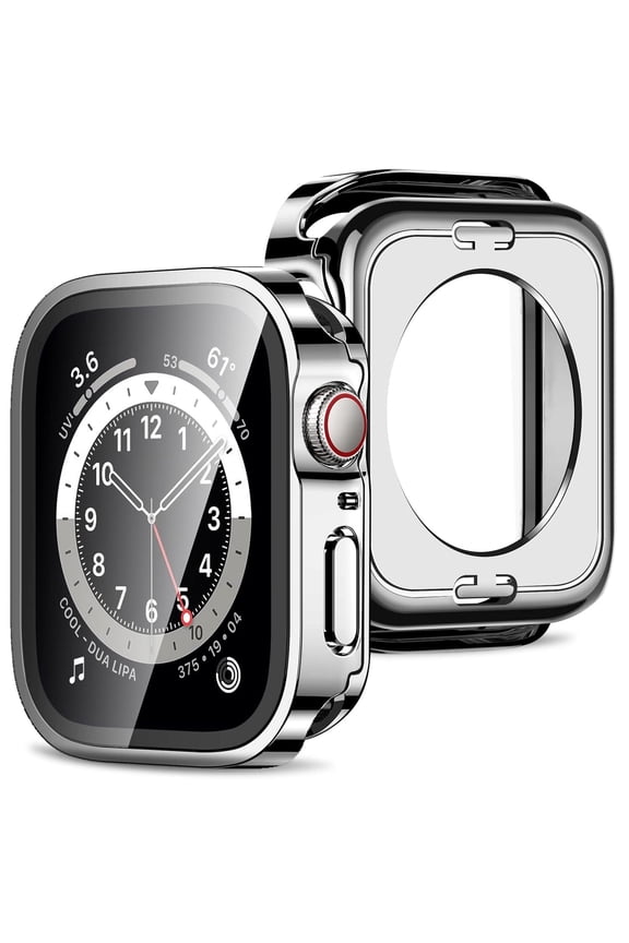 MSHUN 2 in 1 Case [2-Pack] Compatible with Apple Watch Series 6 Series 5 44mm with Built-in Screen Protector, Straight Edge Hard PC Full Body Protective Cover for iWatch 44mm, Silver