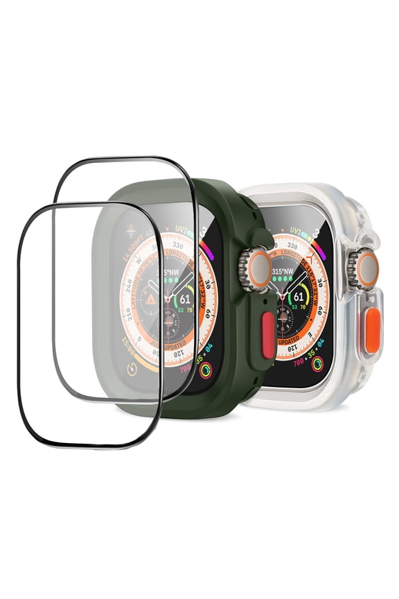 2 Pack Rugged Case Compatible with Apple Watch Ultra 49mm Case with 2 Pack Glass Screen Protector, Soft TPU Durable Shockproof Protective Bumper Cover for iWatch Ultra 49mm (Army Green/Clear)