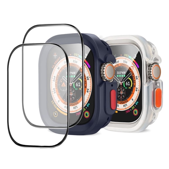 MJSHUN 2 Pack Rugged Case Compatible with Apple Watch Ultra 49mm Case with 2 Pack Glass Screen Protector, Soft TPU Durable Shockproof Protective Bumper Cover for iWatch Ultra 49mm(Blue + Clear)