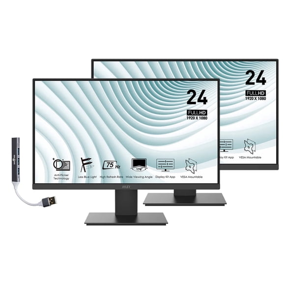 MSI 24" FHD VA Monitor with 4ms Response Time, 250 nits Brightness, Anti-Glare, Flicker Free, VESA Mount (75mm), HDMI & Dockztorm USB Port Expander, Black Color 2 Pack