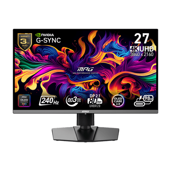 MSI MPG 272URX QD-OLED 27-inch 3840 x 2160 (UHD) Computer Monitor, 240Hz, Adaptive-Synch, HDMI, DP Port, VESA Mountable, Tilt, Speaker, 0.03ms, Black