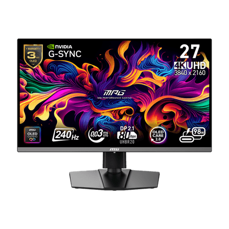 MSI MPG 272URX QD-OLED 27-inch 3840 x 2160 (UHD) Computer Monitor, 240Hz, Adaptive-Synch, HDMI, DP Port, VESA Mountable, Tilt, Speaker, 0.03ms, Black