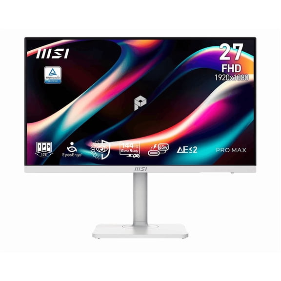MSI PRO MAX 271PHW E14 27" FHD (1920 x 1080) Flat EyesErgo Monitor, White, 144Hz, 16:9, IPS, MSI Eye-Q Check, 1ms (MPRT), 250 nits, HDR Ready, Built-in Two Speakers (2 x 3W)