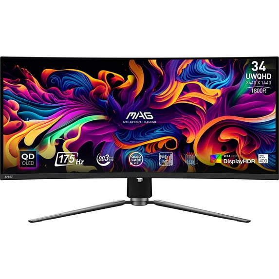 MSI MAG 341CQP QD-OLED 34" UWQHD (3440 x 1440) Curved Gaming QD-OLED Monitor, 1800R, 175Hz, 0.03ms (GtG), 21:9, VESA DisplayHDR True Black 400