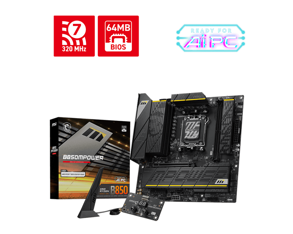 MSI B850MPOWER AM5 AMD B850 PCIe 5.0/4.0 USB 20/10/5Gbps Type C/A Wi-Fi 7 Micro-ATX Motherboard