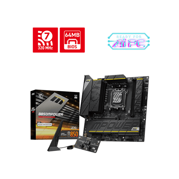 MSI B850MPOWER AM5 AMD B850 PCIe 5.0/4.0 USB 20/10/5Gbps Type C/A Wi-Fi 7 Micro-ATX Motherboard