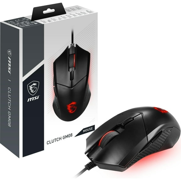 MSI Clutch GM08 Gaming Mouse, 4200 DPI, Optical Sensor, 3 Adjustable Weights, Red LED Lighting, Symmetrical Design