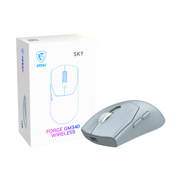 MSI FORGE GM340 W SKY Wireless/Wired Rechargeable GAMING Mouse, Symmetrical Design