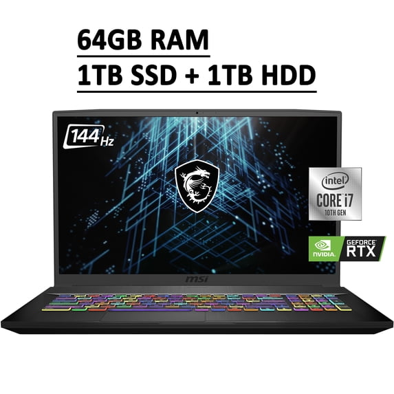 MSI GF75 Thin 17 Gaming Laptop 17.3" FHD IPS 144Hz 10th Gen Intel Hexa-Core i7-10750H 64GB RAM 1TB SSD + 1TB HDD GeForce RTX 3060 6GB Backlit Keyboard USB-C WiFi6 Nahimic Win10 Black