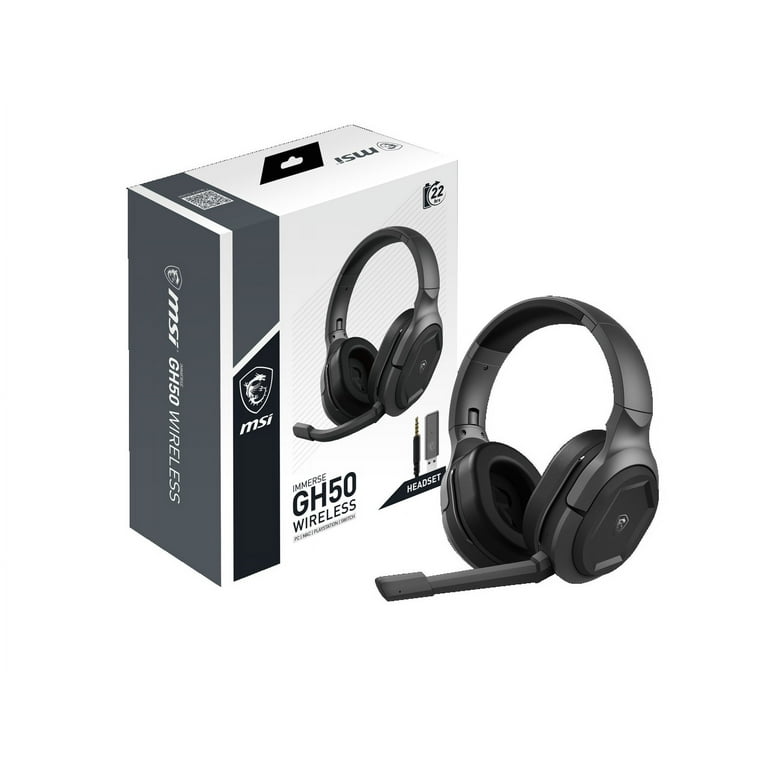 MSI Immerse GH50 Wireless Gaming Headset 22 Hr Battery Life 50mm Neodymium Drivers Detachable Omnidirectional Mic Lightweight Comfort Cross