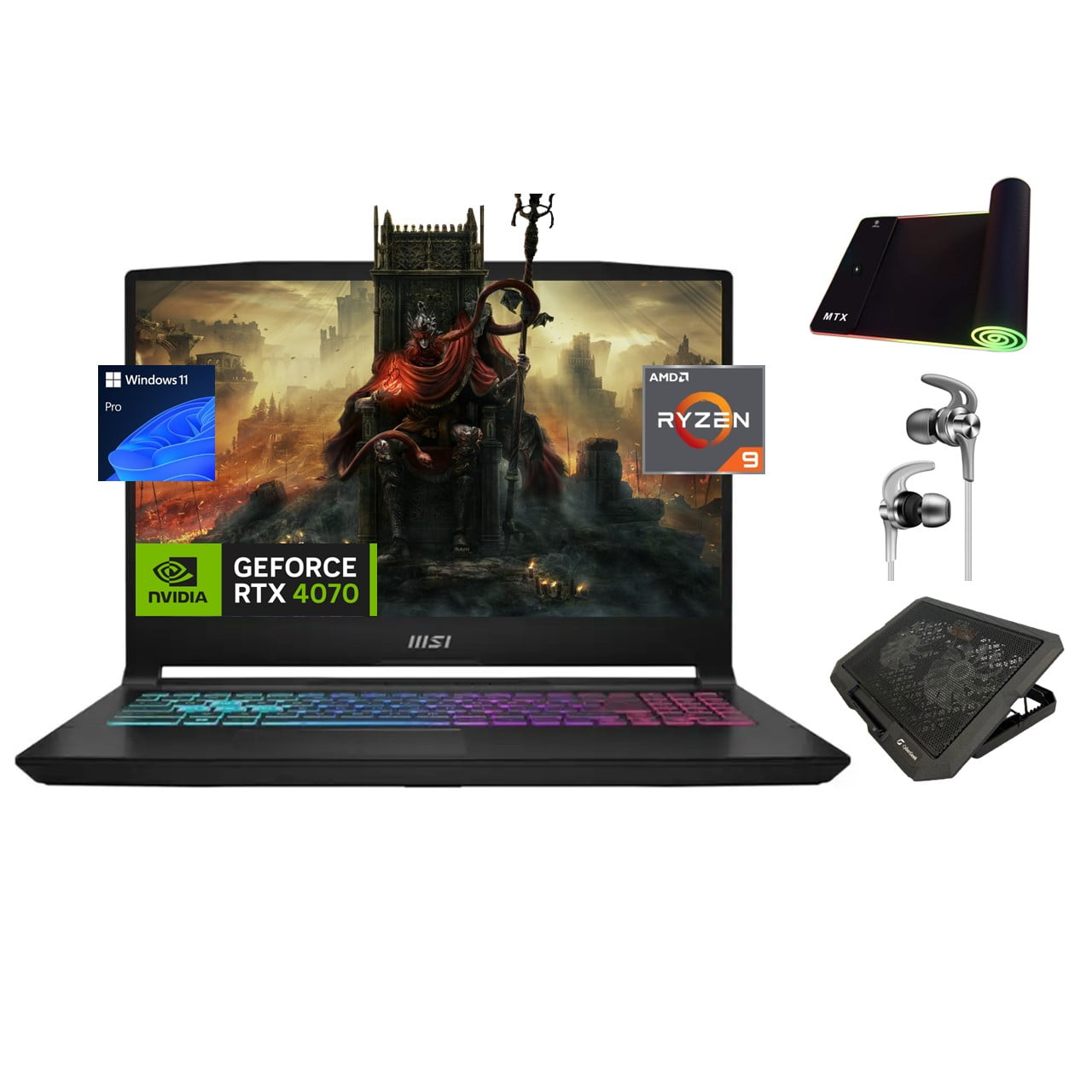 MSI Katana 15 4070 Gaming Laptop, 15.6" 144Hz FHD Display, AMD Ryzen 9-8945HS AI CPU, NVIDIA RTX 4070, 64GB RAM, 2TB SSD, RGB KB, Ethernet, KeyPad, WiFi 6E, USB-C, 3-in-1 RGB Gaming Bundle, Win 11 Pr