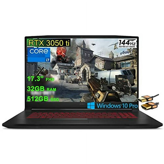MSI Katana GF76 17 Gaming Laptop 17.3" FHD IPS 144Hz Thin Bezel Display 11th Gen Intel 8-Core i7-11800H 32GB RAM 512GB SSD GeForce RTX 3050 Ti 4GB Backlit USB-C Nahimic Win10Pro Black + HDMI Cable