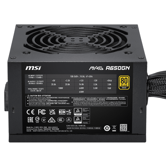 MSI MAG A650GN II Power Supply, 80 Plus Gold-certified 650W, Active PFC, 120mm Low Noise Fan