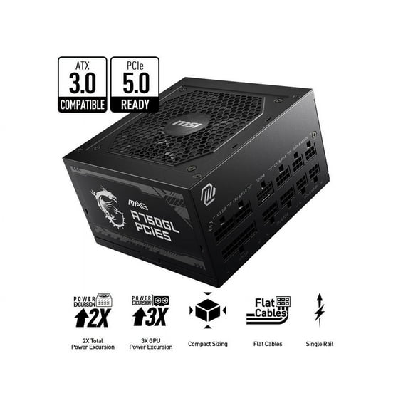 MSI - MAG A750GL PCIE 5.0, 80 GOLD Fully Modular Gaming PSU, 12VHPWR Cable, ATX 3.0 Compatible, 750W Power Supply
