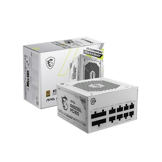 MSI - MAG A850GL PCIE5 WHITE, 80+ GOLD Fully Modular Gaming PSU, 12V-2x6 Cable, ATX 3.1 & PCIE 5.1 Ready, 850W Power Supply, 10 Year Warranty
