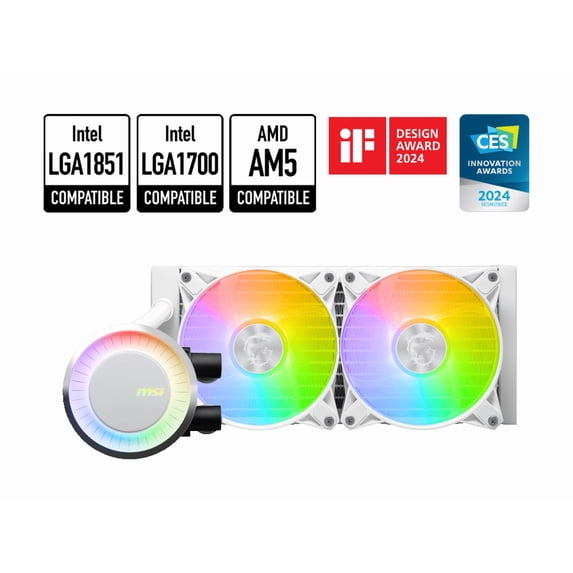 MSI MAG CoreLiquid E240 White - AIO ARGB CPU Liquid Cooler - Rotating Cap Design - 240mm Radiator - Dual 120mm ARGB PWM Fans - Intel LGA 1851/1700 Ready / AMD AM5 Compatible