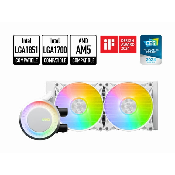 MSI MAG CoreLiquid E240 White - AIO ARGB CPU Liquid Cooler - Rotating Cap Design - 240mm Radiator - Dual 120mm ARGB PWM Fans - Intel LGA 1851/1700 Ready / AMD AM5 Compatible