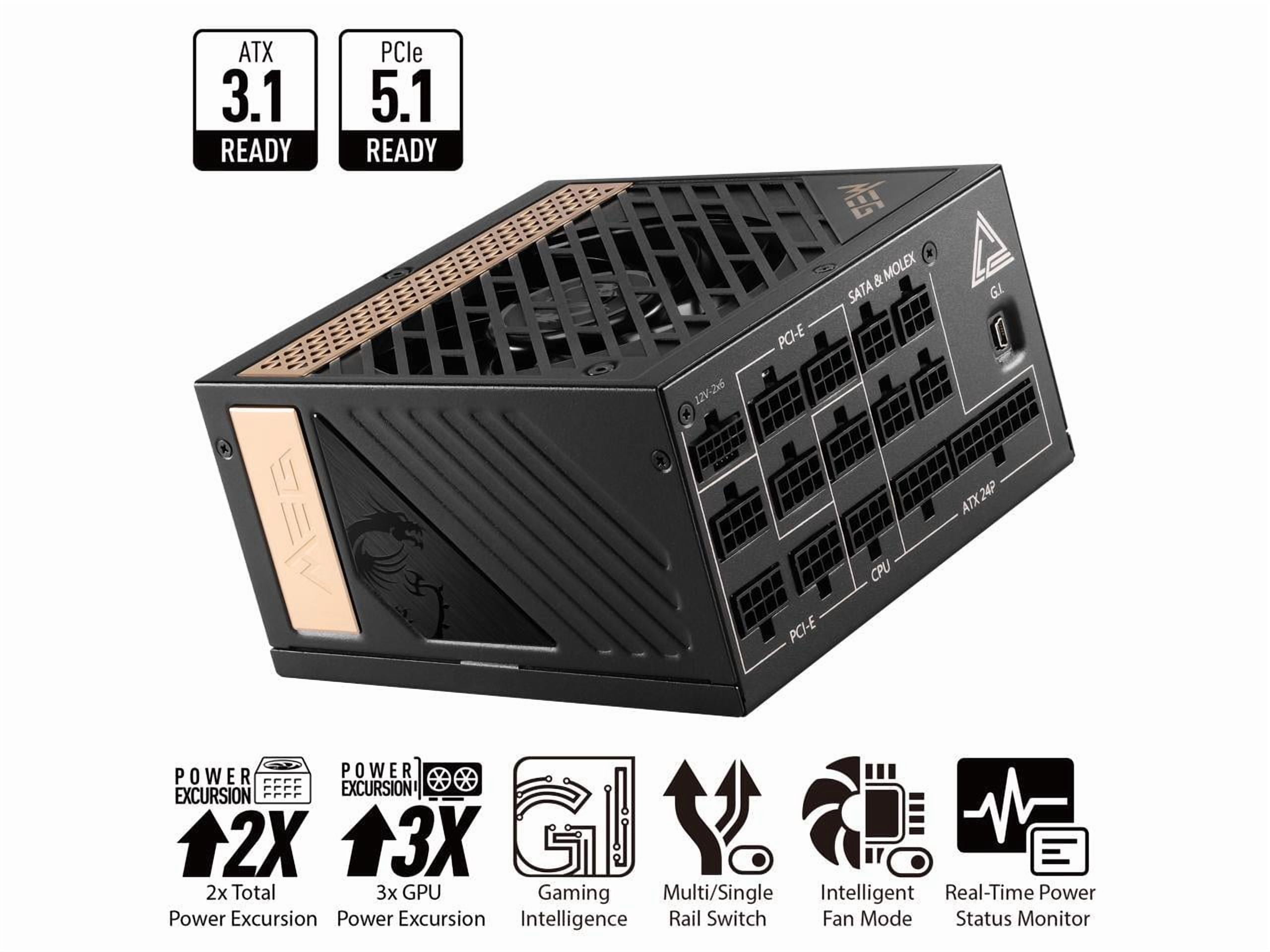 MSI MEG Ai1300P Gaming PSU - PCIE 5.0, 80 PLUS PLATINUM