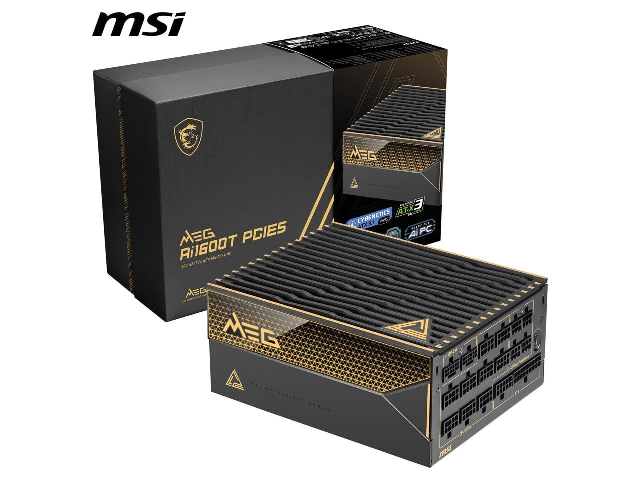 MSI - MEG Ai1600T PCIE5, 80+ TITANIUM Full Modular Gaming PSU, Dual 12V-2x6 Cable, 5080 5090 ATX 3.1 & PCIE 5.1 Ready, Braided Cable, 1600W Power Supply, 12 Year Warranty