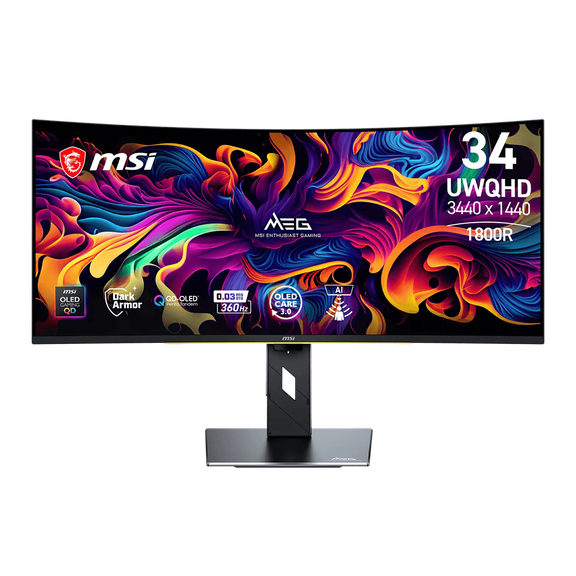 MSI MEG X 33.98" UWQHD (3440x1440) Curved OLED Gaming Monitor, Black, 5th-Gen QD-OLED, 1800R, 360Hz, 0.03ms (GtG), 21:9, DarkArmor Film, VESA DisplayHDR True Black 500