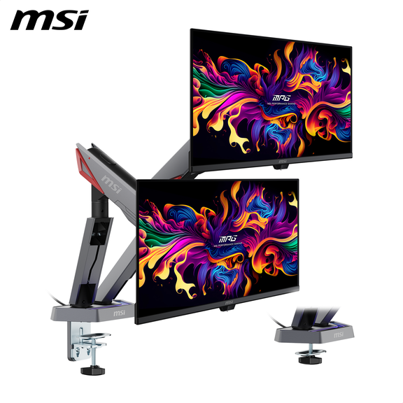 MSI MPG MT161DR WMT Dual Spring Gaming Monitor Desk Arm, Fully Adjustable Full Motion VESA Mount for up to 17 - 38 inch screen, RGB LED, Tool-free Installation, Clamp & Grommet, Cable Management