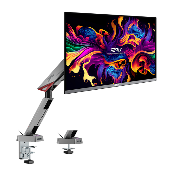 MSI MPG MT161R WMT Single Spring Gaming Monitor Desk Arm, Fully Adjustable Full Motion VESA Mount for up to 17 - 45 inch screen, RGB LED, Tool-free Installation, Clamp & Grommet, Cable Management