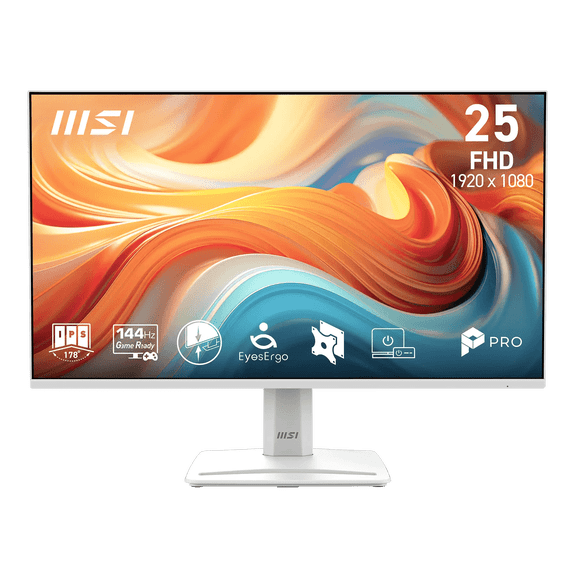 MSI PRO MP251W E14A 24.5" FHD (1920 x 1080) Flat EyesErgo Monitor, White, 144Hz, 16:9, IPS, Eye-Q Check, 1ms (MPRT), 300 nits, HDR Ready, Two Built-in Speakers