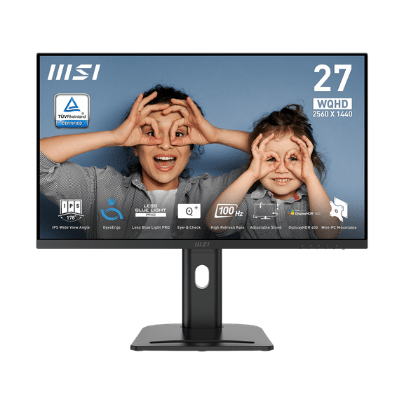 MSI PRO MP273QP E2 27" IPS 2560 x 1440 (QHD) Computer Monitor, 100Hz, Free-Sync, HDMI, DP Port, VESA Mountable, Height Adjustable, Tilt, Speaker, 1ms, Black