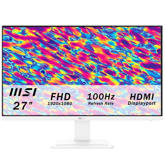 MSI Pro Series 27" Monitor, 100Hz IPS FHD, TUV Certified Eyesight Protection, VESA, Anti-Glare, Low Blue Light, Built-in Speakers, (DisplayPort, HDMI,VGA) Matte White