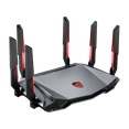 thumbnail image 1 of MSI Radix AXE6600 WiFi 6E Tri-Band Gaming Router, AI QoS, RGB, 1.8GHz Quad-Core Processor, MU-MIMO, Tri Band Gigabit Wireless, 8-Stream, High Speed Long Range Gaming Router, 1 of 5
