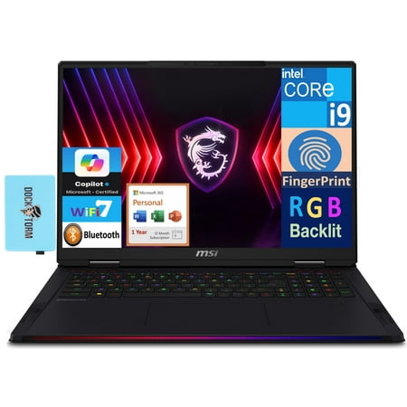 MSI Raider 18 HX Gaming Laptop 18in 120Hz Mini LED 4K Display (Intel i9-14900HX, GeForce RTX 4090 16GB, 64GB DDR5, 2x2TB SSD R0 (4TB), Win 11 Pro) w/Microsoft 365 Personal , DKZ USB Port Expander