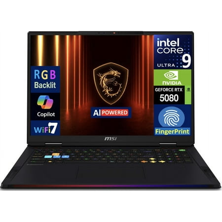 MSI Raider AI Gaming Laptop 18in 120Hz Mini LED 4K Display (Intel Ultra 9- 285HX, NVIDIA GeForce RTX 5080 16GB, 64GB DDR5, 2x 2TB SSD, Backlit KB, Fingerprint, 2 Thunderbolt 5, WiFi 7, Win 11 Home)