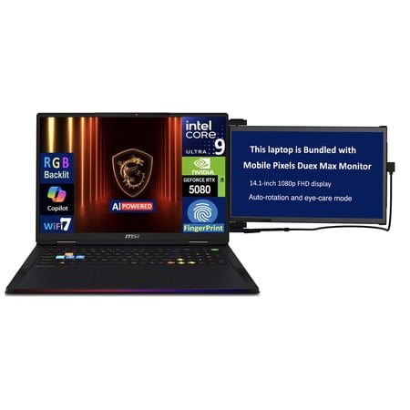 MSI Raider AI Gaming Laptop 18in 120Hz Mini LED 4K Display (Intel Ultra 9- 285HX, NVIDIA GeForce RTX 5080 16GB, 64GB DDR5, 2x 2TB SSD, Backlit KB, Fingerprint, Win 11 Home) w/Duex Max DS Monitor