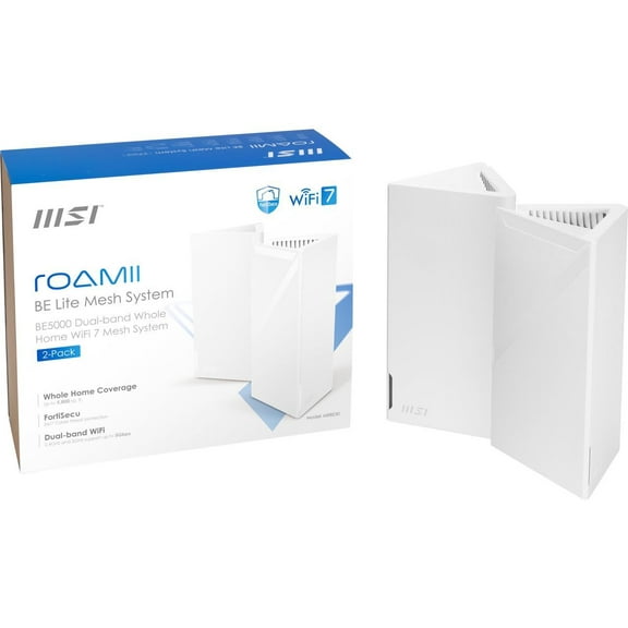 MSI Roamii BE Lite Mesh System - 2 Pack (WiFi 7, BE 5000, Up to 5,800 sq.ft. of Coverage, Supporting 120+ Devices, 2.5Gbps Ethernet Port, MU-MIMO MLO)