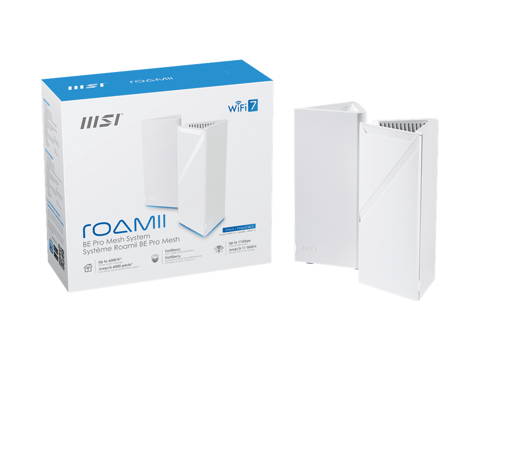 MSI Roamii BE Pro Mesh System- 2 Pack, WiFi 7 (802.11be/ax/ac/n/g/b/a), 320MHz, 11Gbps, MLO, 4096QAM