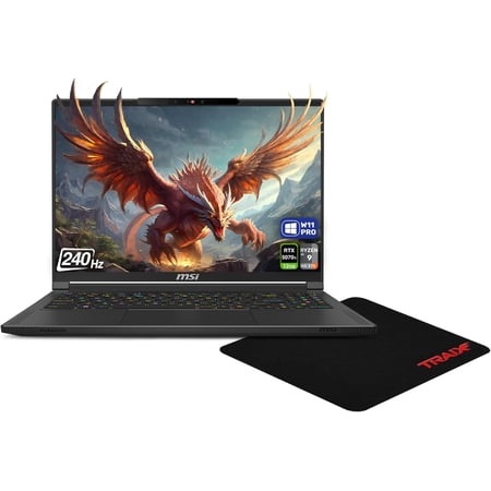 MSI Stealth A16 AI+ Gaming Laptop, AMD Ryzen AI 9 HX-370, 32 GB LPDDR5x RAM, 2 TB PCIe SSD, 16" QHD+ (2560x1600) 240Hz, Nvidia G-Force RTX 5070Ti, RGB Backlit Keyboard, W11 Pro, Black+Traix MousePad