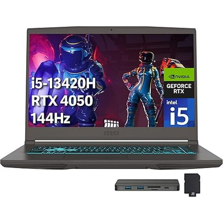 MSI Thin 15 15.6" FHD 144Hz Gaming Laptop, Intel i5-13420H, NVIDIA GeForce RTX 4050, 64GB DDR4 RAM, 2TB PCIe SSD, Backlit Keyboard, Wi-Fi 6E, HD Camera, Win 11, Gray, 256GB Docking Station Set