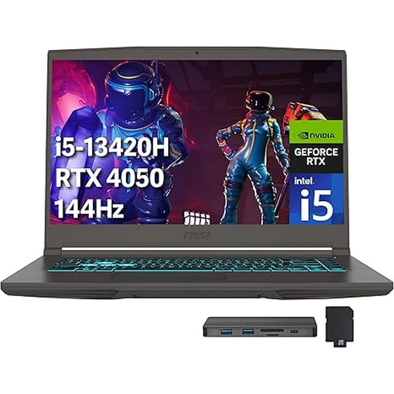 MSI Thin 15 15.6" FHD 144Hz Gaming Laptop, Intel i5-13420H, NVIDIA GeForce RTX 4050, 64GB DDR4 RAM, 2TB PCIe SSD, Backlit Keyboard, Wi-Fi 6E, HD Camera, Win 11, Gray, 256GB Docking Station Set