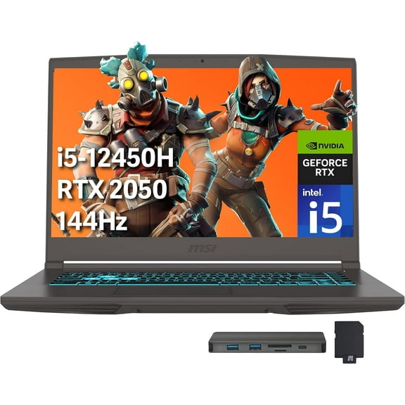 MSI Thin 15 15.6" FHD IPS 144Hz Gaming Laptop, Intel i5-12450H, 8GB RAM, 512GB PCIe SSD, NVIDIA GeForce RTX 2050, Backlit Keyboard, WIFI 6, Black, Win 11 Home, 256GB Docking Station Set