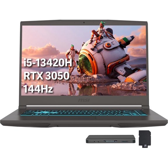 MSI Thin 15.6" 144Hz FHD IPS Display Gaming Laptop, Intel Core i5-13420H, 32GB RAM, 1TB SSD, NVIDIA GeForce RTX 3050, Backlit Keyboard, Wi-Fi 6, Win 11 Home, Gray, 512GB Docking Station Set