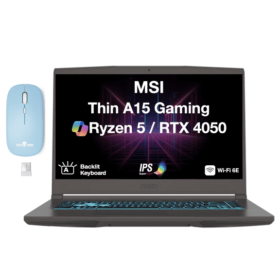MSI Thin A15 15.6in IPS FHD Laptop Ryzen 5 7535HS RTX 4050 8GB 512GB SSD Win11 Pro w/DKZ Mouse