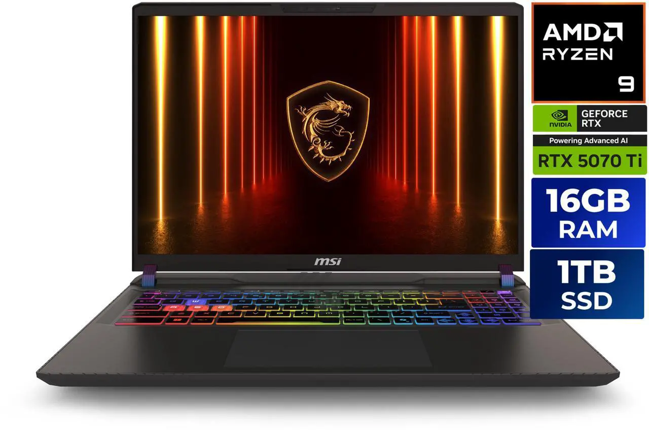MSI Vector A16 - 16.0" QHD+ 240Hz GeForce RTX 5070 Ti Laptop GPU - Ryzen 9-8940HX(2.40-5.30 GHz) - 16GB DDR5 Memory - 1TB SSD - Wi-Fi 7 Windows 11 Home Gaming Laptop(Vector A16 HX A8WHG-048US )
