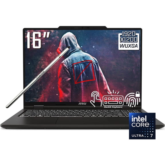 MSI Venture 16 AI Laptop, 16" FHD+ 1920 x 1200 IPS LCD Touchscreen, Intel Core Ultra 7 255H, 720p Webcam, Stylus Pen, Backlit Keyboard, Wi-Fi 6E, Windows 11 Home (16GB DDR5 RAM / 512GB SSD)