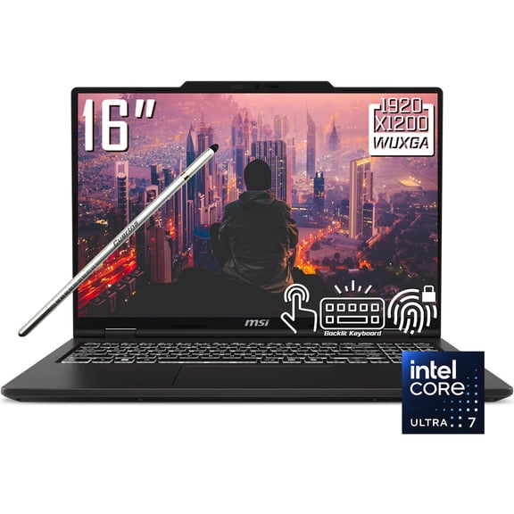 MSI Venture 16 AI Laptop, 16" FHD+ 1920 x 1200 IPS LCD Touchscreen, Intel Core Ultra 7 255H, 720p Webcam, Stylus Pen, Backlit Keyboard, Wi-Fi 6E, Windows 11 Home (16GB DDR5 RAM + 512GB SSD)