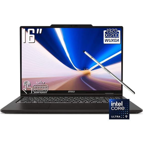 MSI Venture 16 AI Laptop, 16" FHD+ 1920 x 1200 IPS LCD Touchscreen, Intel Core Ultra 9 285H, 720p Webcam, Stylus Pen, Backlit Keyboard, Win 11 Home (16GB DDR5 RAM + 512GB SSD)