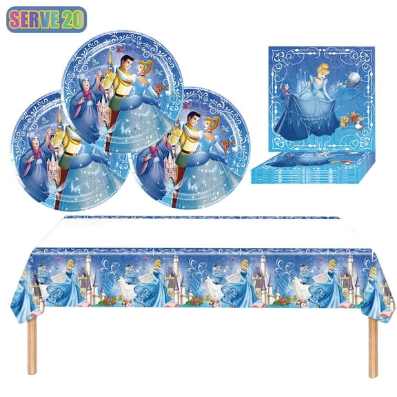 MSJEHQI Cinderella Party Tableware Set with Disposable Plates, Napkins, Tablecloth, Set of 20