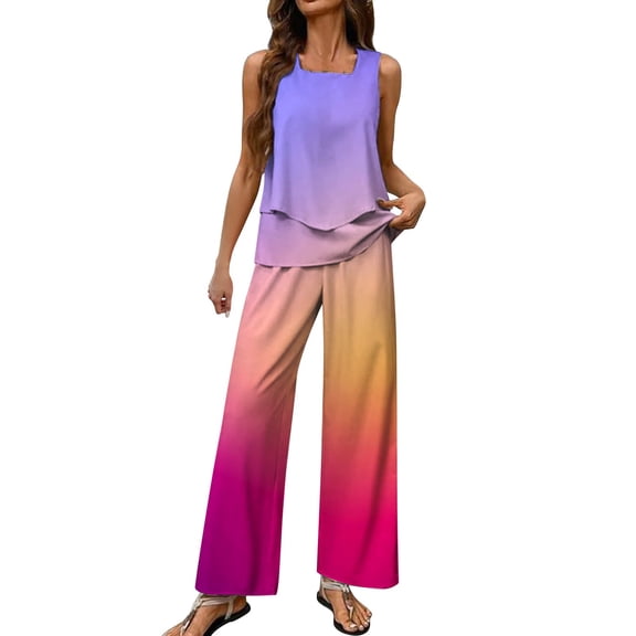 MSJUHEG 2 Piece Outfits 2025 Summer Work Outfits for Women Linen Sets for Women 2 Piece Crop Tops Wide Leg Pant Sets Beach Sets for Women Tank Crop Top Wide Leg Pants Set Purple S