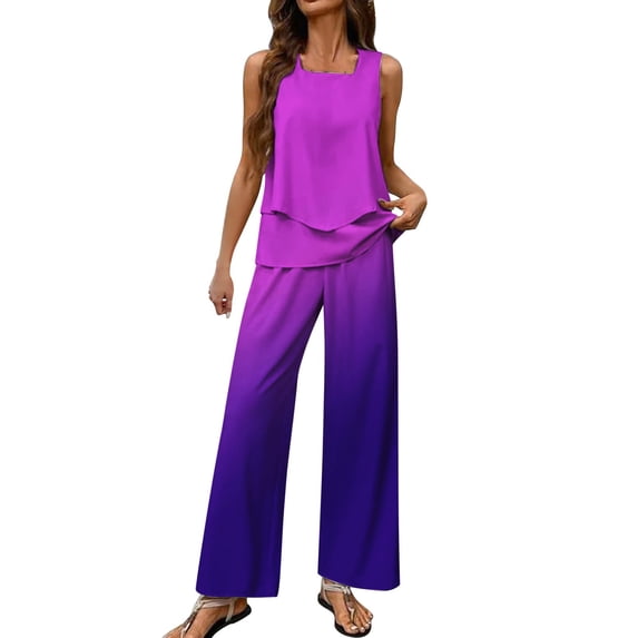 MSJUHEG 2 Piece Outfits 2025 Womens Two Piece Sets Summer Summer Sets Women 2 Piece Outfits Sleeveless Round Neck Tank Tops Crop Tops Wide Leg Pant Sets 2 Piece Pants Set for Women Summer Purple S