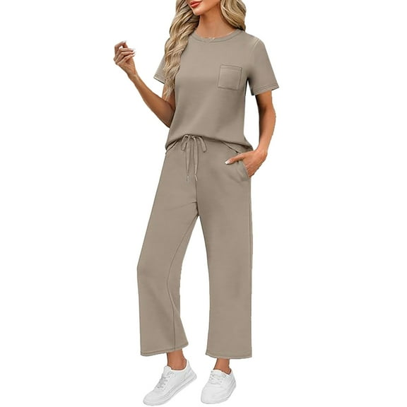 MSJUHEG 2 Piece Pants Set for Women Summer Beach Sets for Women Travel Outfits for Women Linen Pants Women Lounge Sets for Women Sweatsuit Lounge Set Womens Summer Work Outfits for Women Khaki 2XL