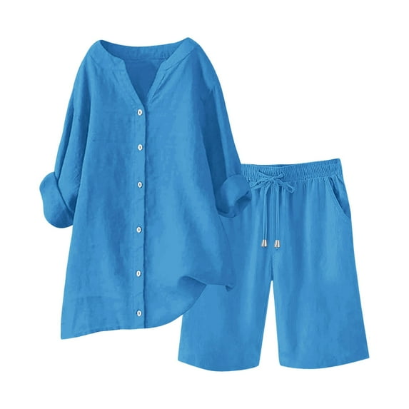 MSJUHEG 2 Piece Short Sets for Women Summer 2 Piece Sets for Women Womens Sets Shorts Pants Lounge Sets Short Set Two Piece Short Set for Women Athleisure Sets Women Blue XL